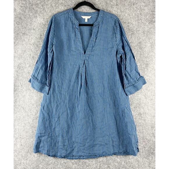 Garnet Hill Dresses & Skirts - Garnet Hill Linen Dress Womens Medium Blue Striped Coastal Lagenlook Minimal